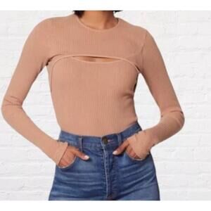 AGOLDE Ribbed Cut Out Top Beige Long Sleeve Organic Cotton Shirt Women's Size S